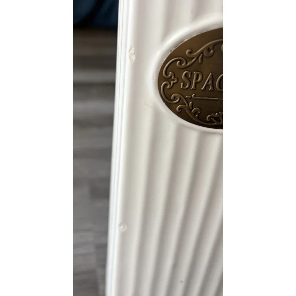 THL White Ceramic Spaghetti Canister Farmhouse Ribbed Jar Bronze Label Lace Lid